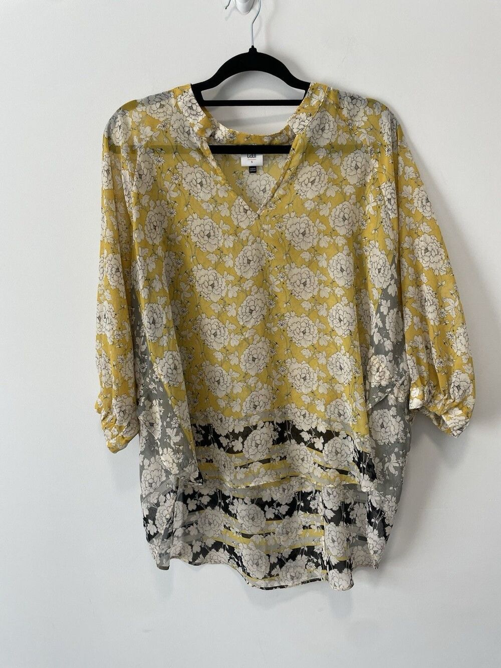 CABI Amelia Gather Top Yellow Black Floral Sheer Peasant Blouse Sz S Flowy Chic